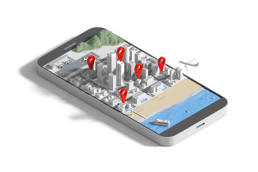 Mobile phone image showing illustration of a city in which few of the building are highlighted with location icon