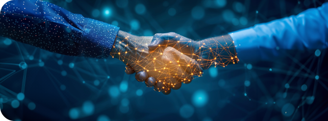 Business executives sealing a deal with a handshake over digital network.